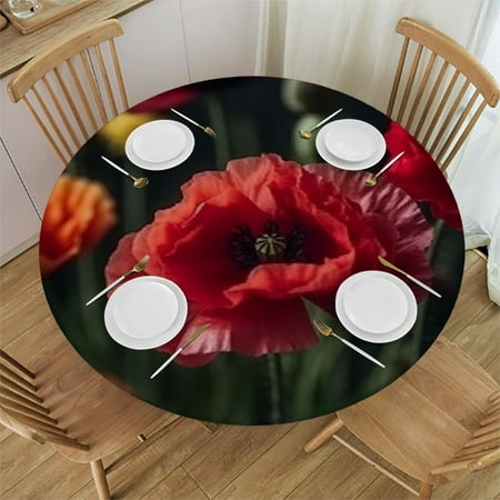 BANET Red Poppy Flower Print Polyester Tablecloth Waterproof Table Cloth Table Cover for Dining Room Round Table Cover 46 -50