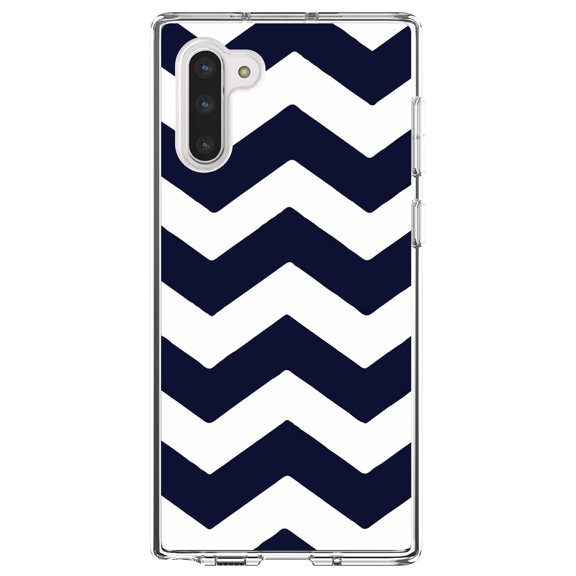 DistinctInk Clear Shockproof Hybrid Case for Samsung Galaxy Note 10 (6.3" Screen) - TPU Bumper, Acrylic Back, Tempered Glass Screen Protector - Navy Blue White Stripes - Stripes Pattern