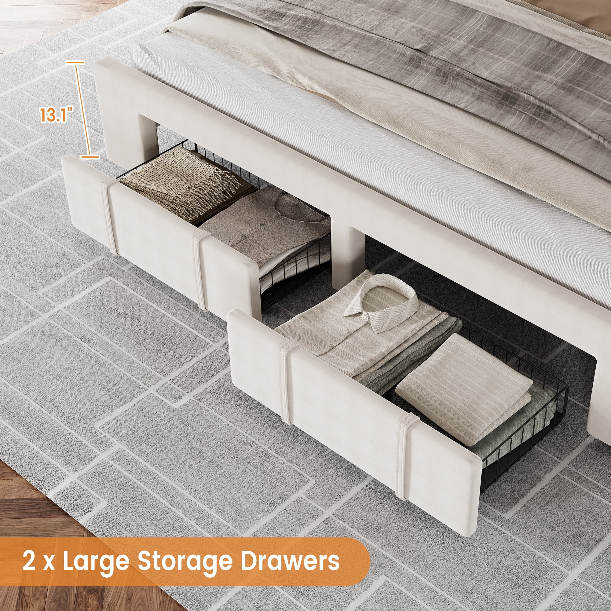 Towallmark King Size Bed Frame,with 2 Storage Drawers, Upholstered Platform Bed Frame No Box Spring Needed, Noise-Free, Easy Assembly