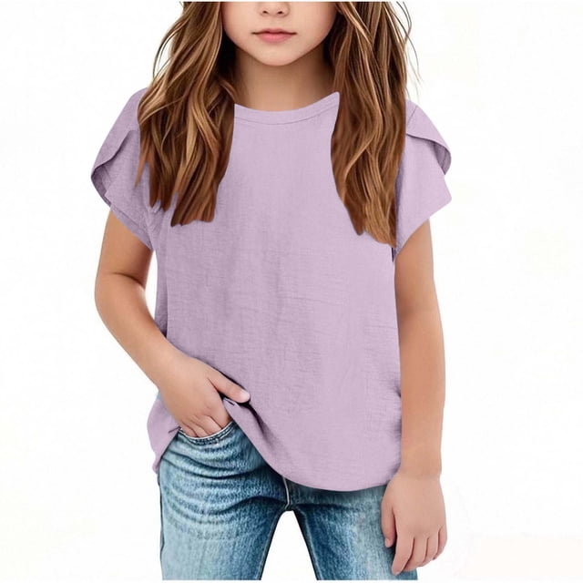 BLVB T-Shirts d'Été en Coton et Lin pour Filles Col Rond Manches Courtes Pétales Hauts Décontractés Mignons Blouse Ample