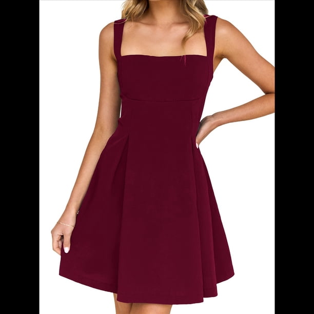 Vestido Mini Sin Mangas para Mujer (2025), Escote Cuadrado, Espalda Descubierta y Lazo Vestido de Fiesta Corto Vino Tinto M
