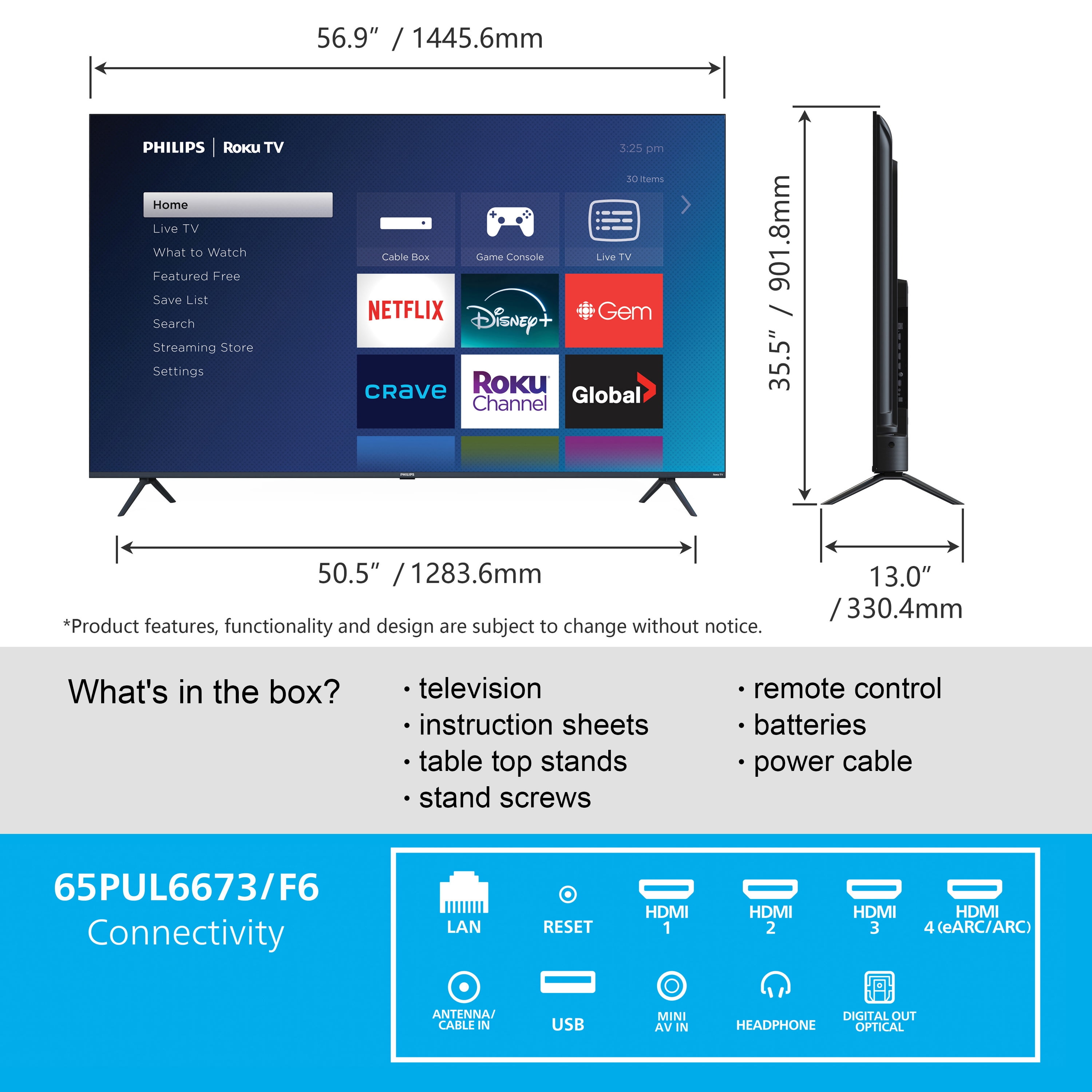 Philips 65" 4K UHD LED Roku Smart TV 65PUL6673/F6, 4K Ultra HD, 2160p, HDR10, 120PMR