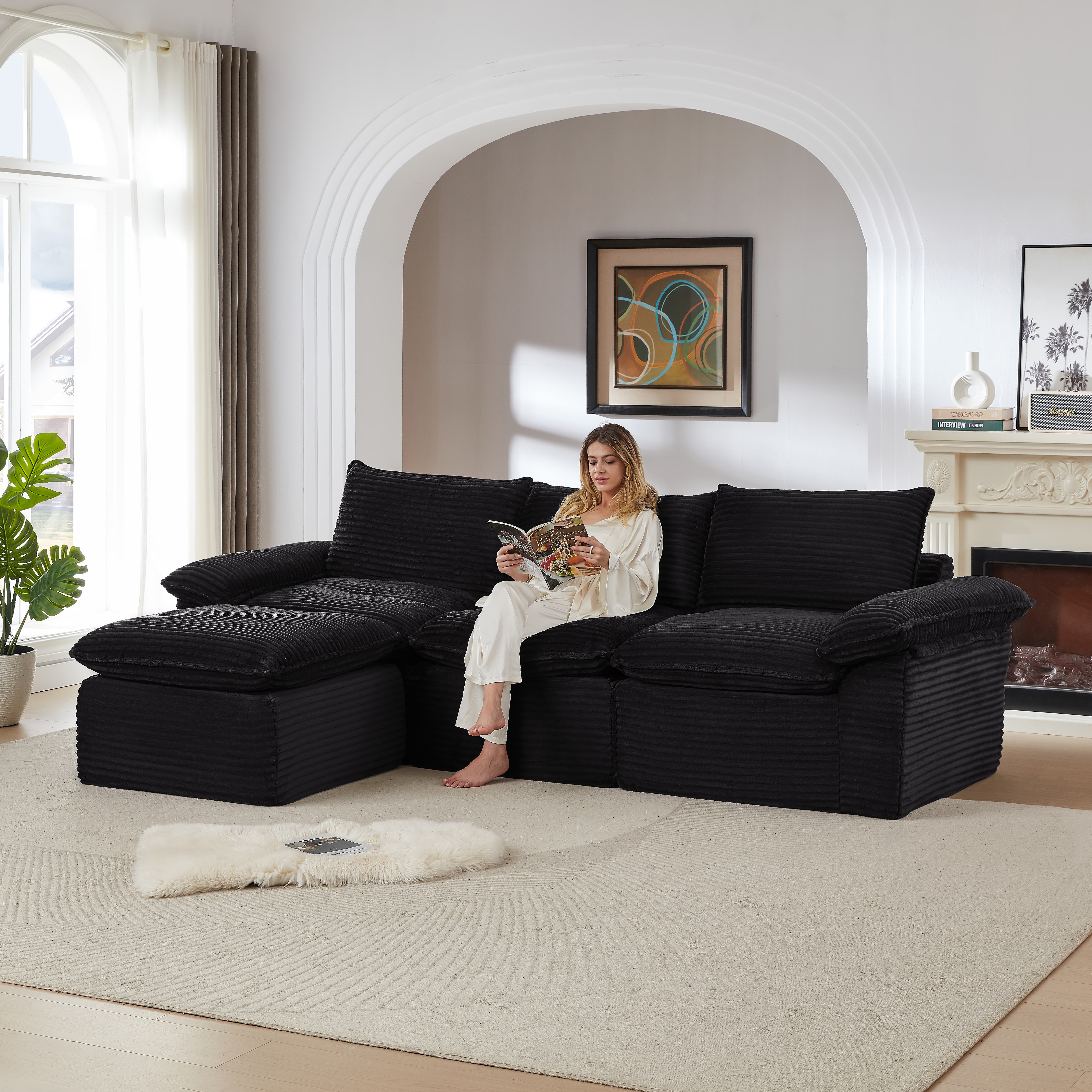 MAYEERTY Modern Modular Corduroy Sofa, Black Cloud-Soft Sectional Couch for Apartment