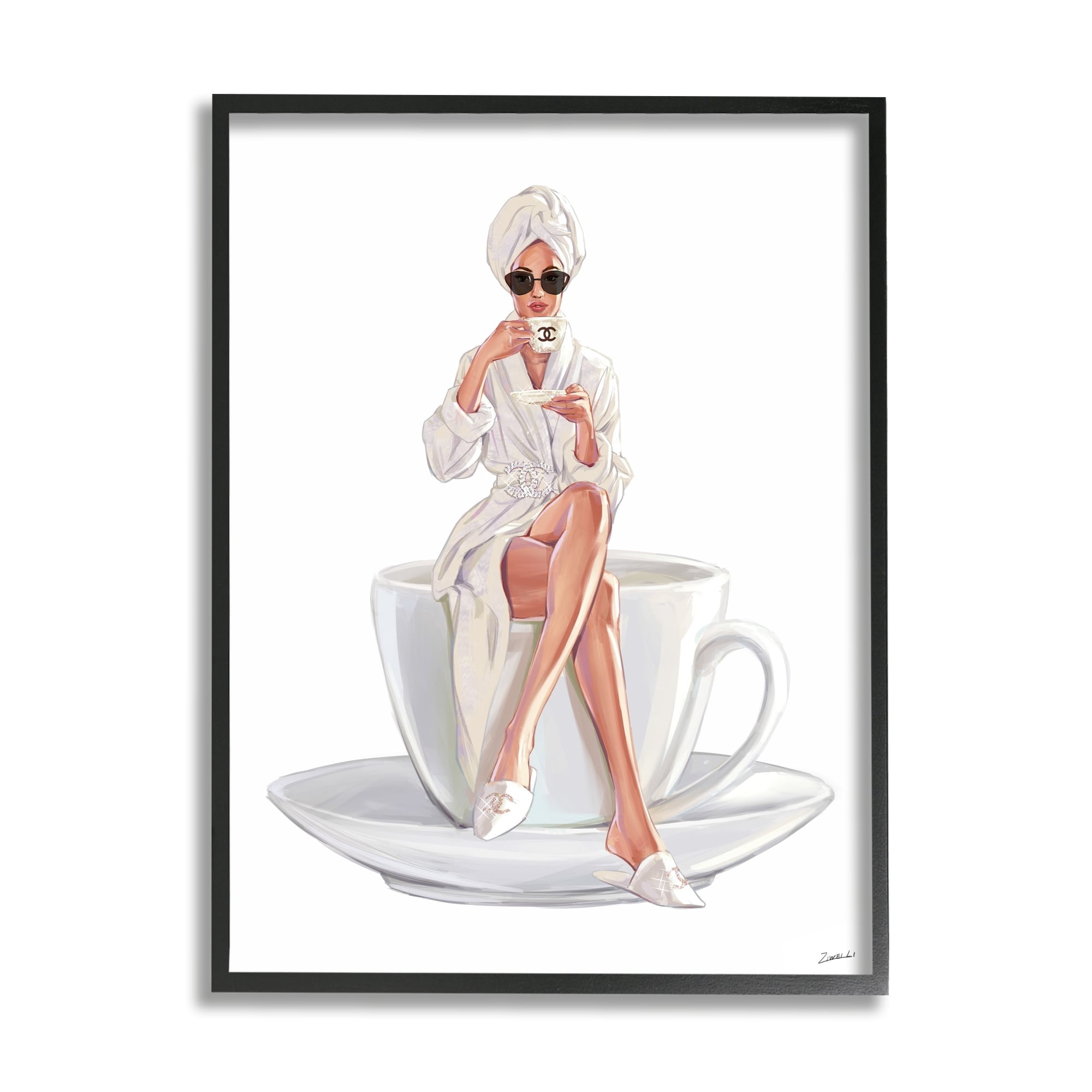 Stupell Industries Chic Woman Robe Coffee Cup Designer Logo Sunglasses Framed Wall Art, 16 x 20, Design by Ziwei Li