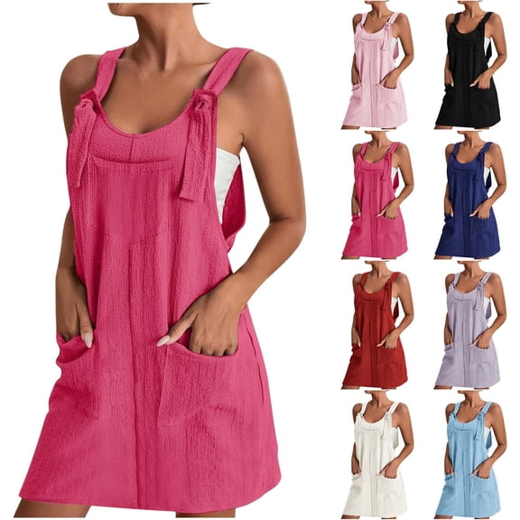 FRSASU Women's Overall Bib Dress Casual V Neck Sleeveless Pinafore Dresses Casual Loose Mini Dress Suspender Skirt Wine