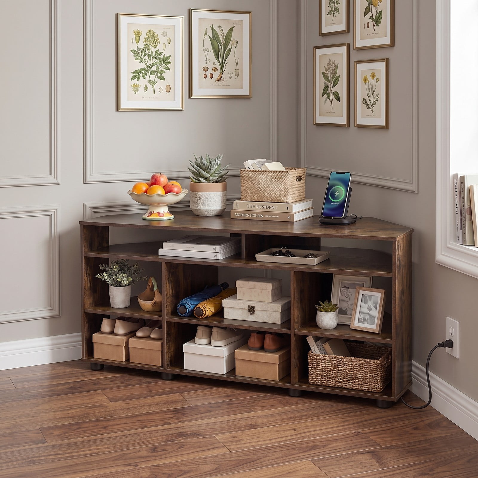 Furnibear Corner TV Stand for TVs up to 55 Inch, Entertainment Center with Charging Station, 3 Adjustable Shelves, Wood Media Console Side Cabinet for, Rustic Brown