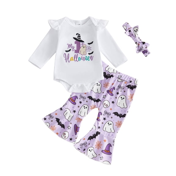 RUINIXCW Newborn Baby Girls My First Halloween Outfit Fall Winter Clothes Ghost Embroidery Long Sleeve Romper and Bell Bottom Flare Pants Headband Set