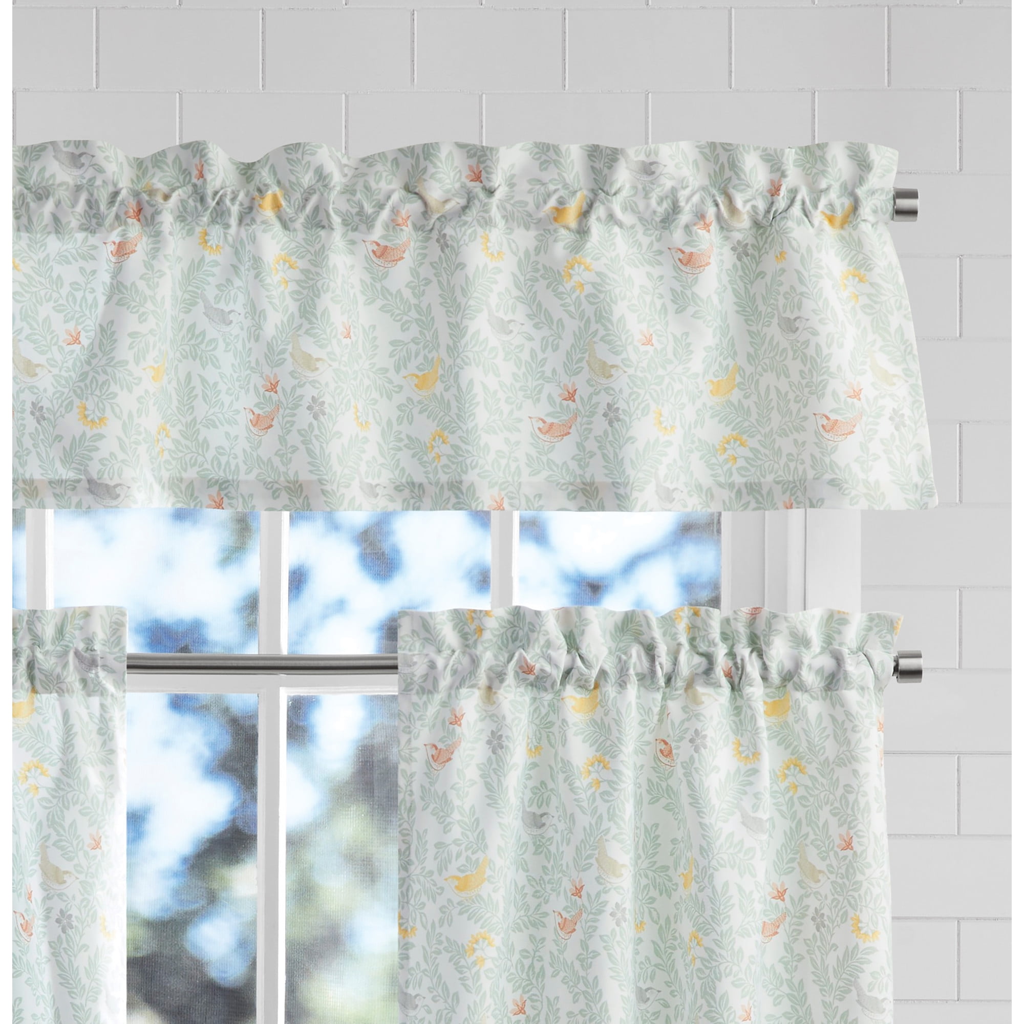Mainstays 3 Piece Printed Tiers and Valance Set - Multi Birds, Multi, Recycled Polyester, BCI Cotton, 56"W x 14"L, Indoor Curtain, Adult