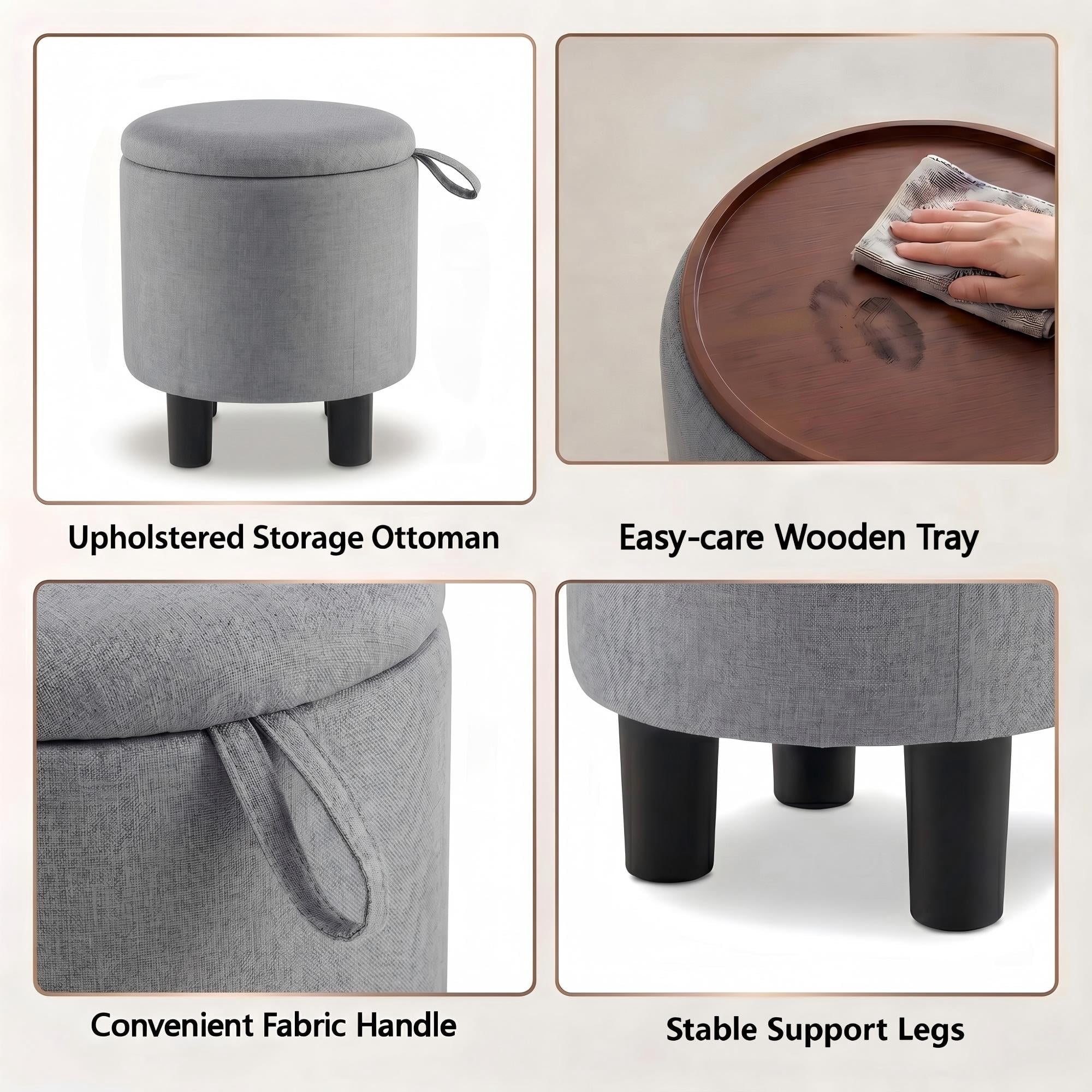 ELLEGNT Round Ottoman with Storage - Removable Lid, Linen Fabric Footrest Stool for Living Room, Bedroom Gray