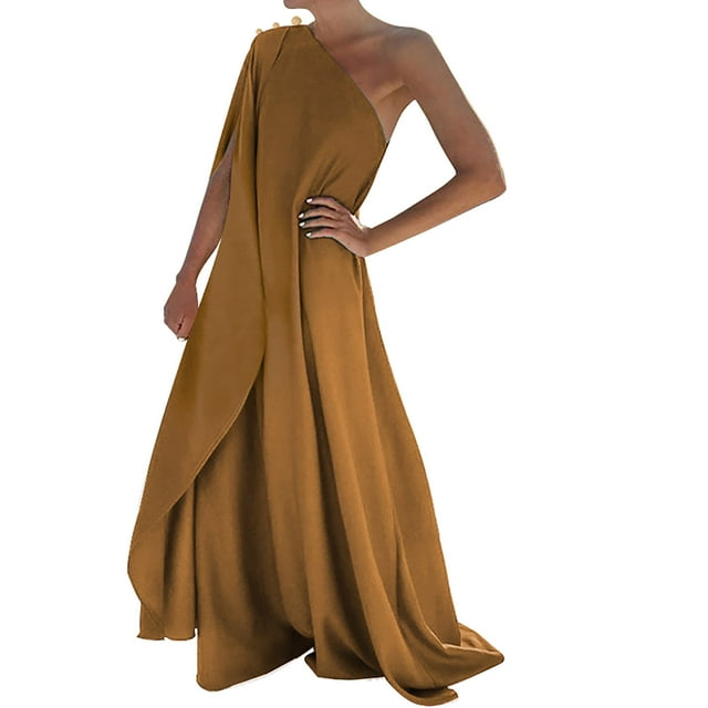 Vestido largo boho de un solo hombro para mujer - Color liso, fluido - Informal/playa/vacaciones - Mezcla de poliéster y spandex