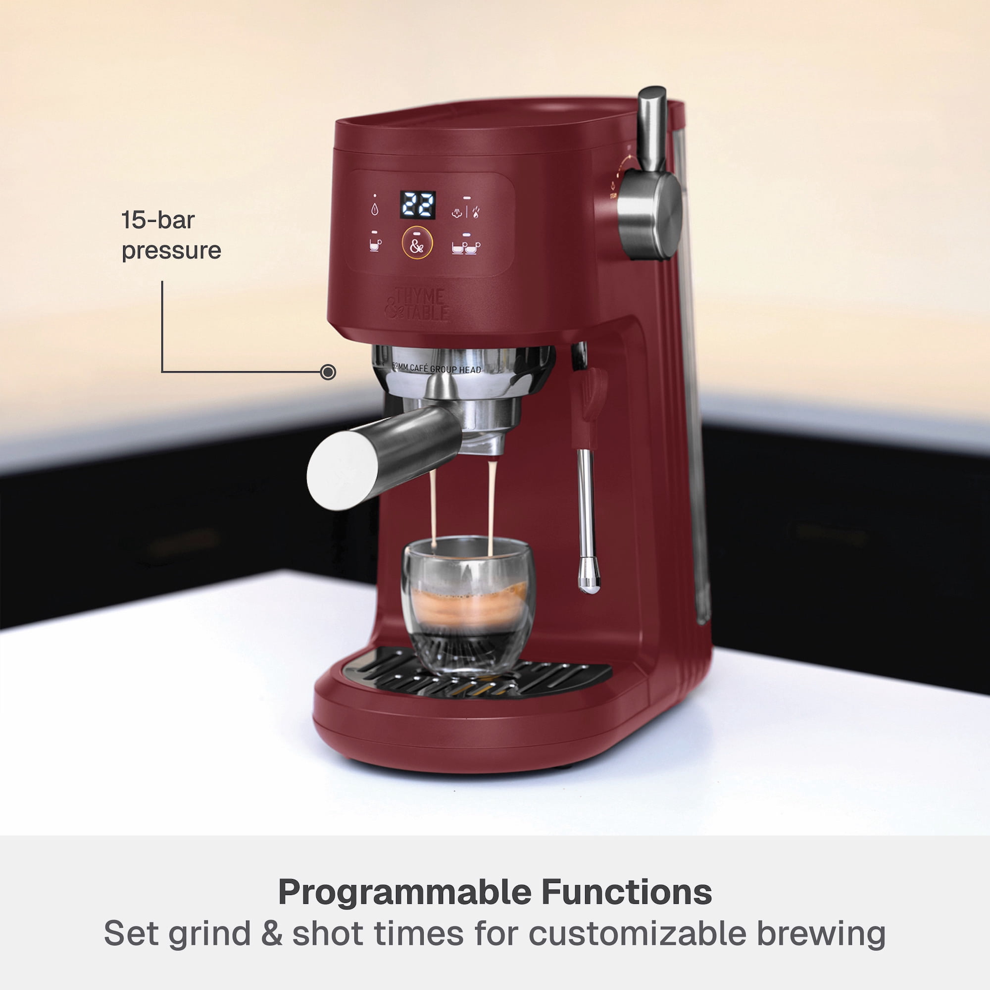 Thyme & Table Barista Mini Espresso Machine with 15-Bar Pressure and Steam Wand, Cabernet Red