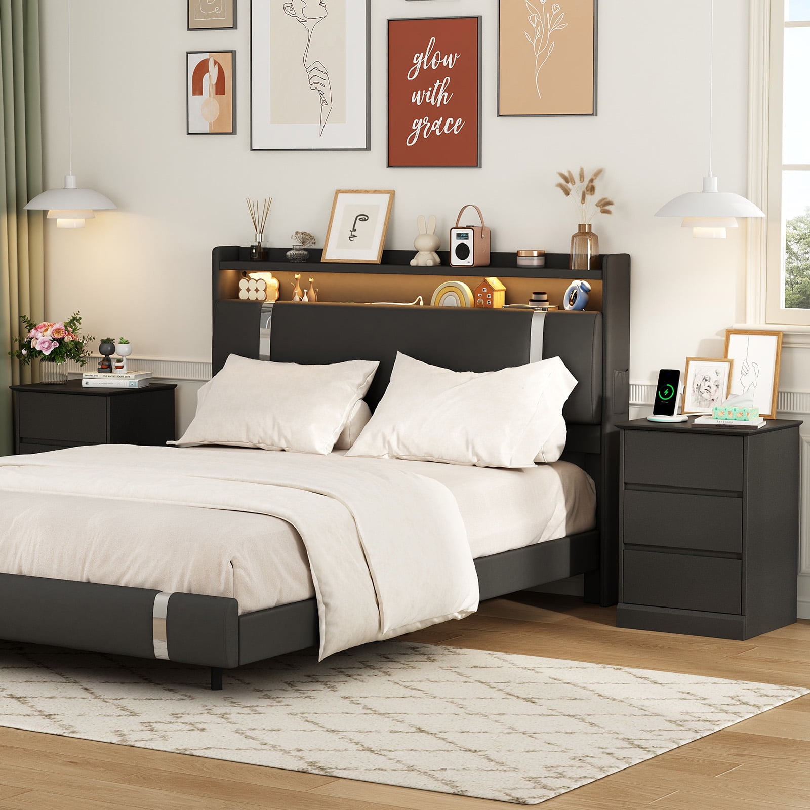 3 Drawers Nightstand Set of 2 with Charging Station, Bedside Table End Table for Bedroom Living Room, Black