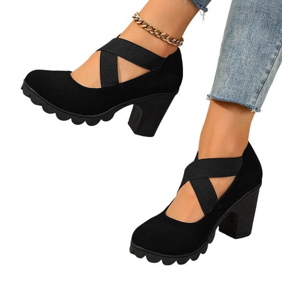 Purcolt Womens Cross Elastic Strap Mary Jane Shoes Comfort Dressy Pointed Toe Chunky Block Heel Pumps Cute Scalloped Thick Sole Slip On Heels for Party Wedding Date Night
