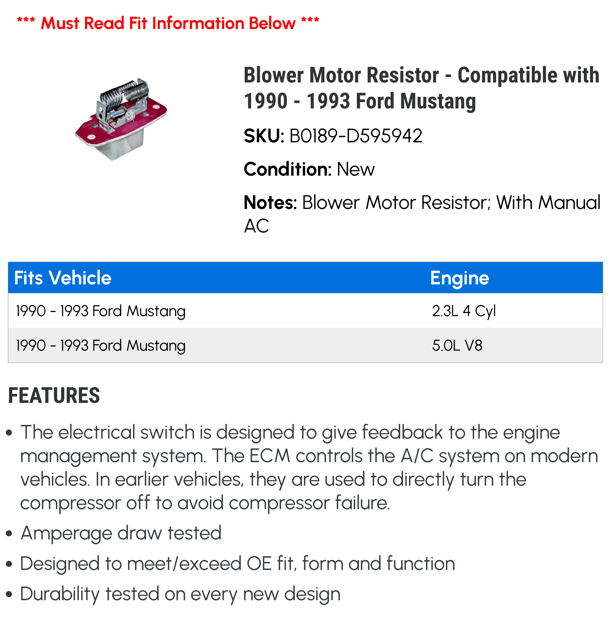 Blower Motor Resistor - Compatible with 1990 - 1993 Ford Mustang 1991 1992
