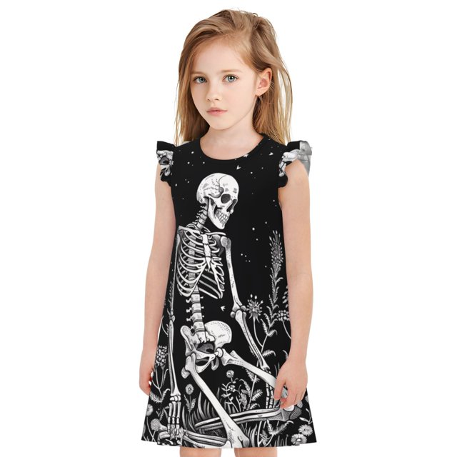 Balery Vintage Black white Plant skull Camisón de princesa para niñas, pijama de algodón con mangas abullonadas, suave y bonito.-XX-Large