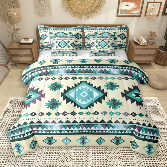 Manfei Bohemian Aztec Adult 7-Piece Twin Bedding Sets, Cyan Triangle Stripes Bedding Comforter Set, Hippie Tribal Style Reversible Sheet Sets, Luxury Bedroom Decor