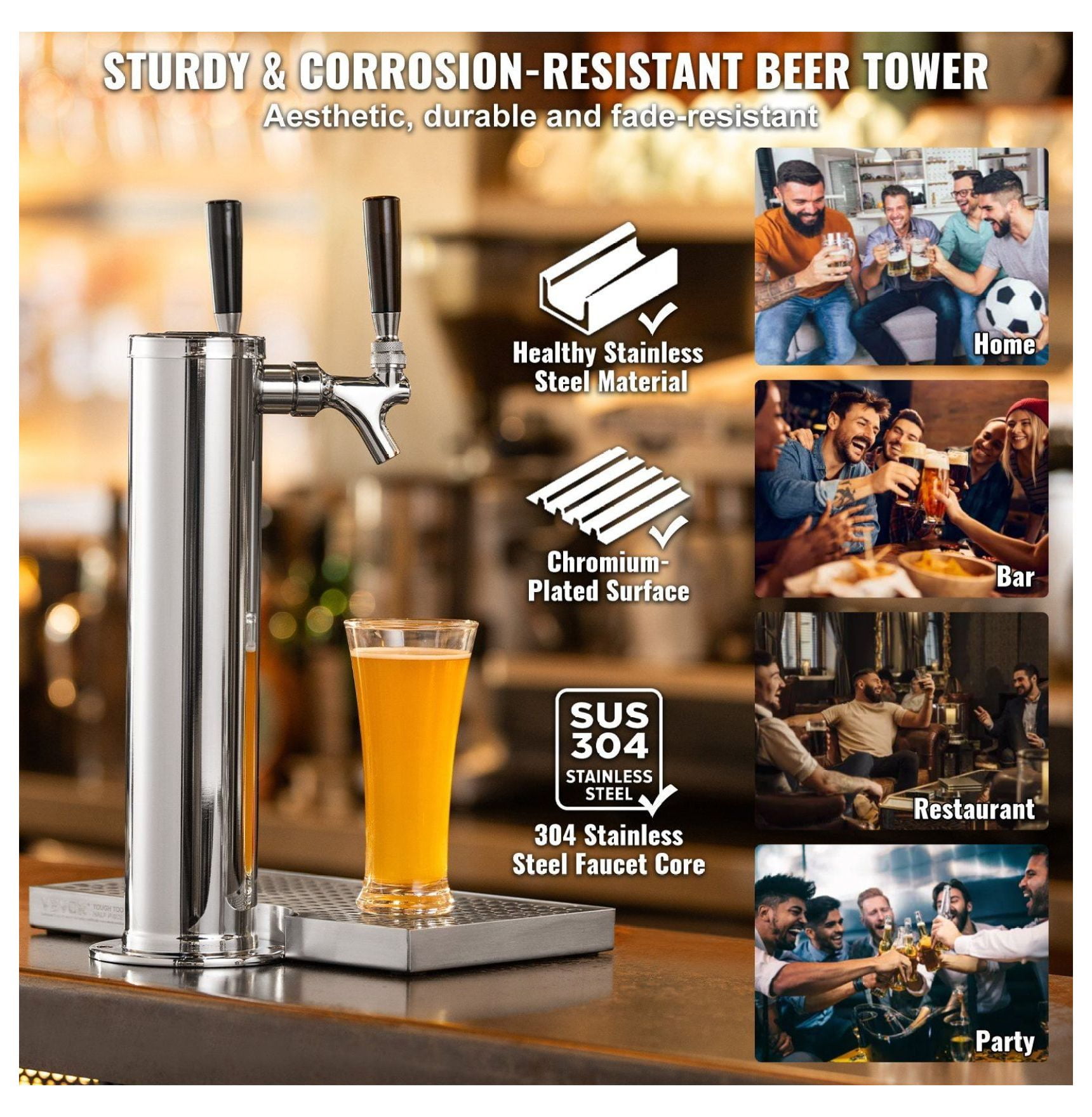 Dual Tap Kegerator Tower Kit, Stainless Steel Beer Tower, CGA320 Regulator & D-System Couplers, Beer Drip Tray for Home/Party