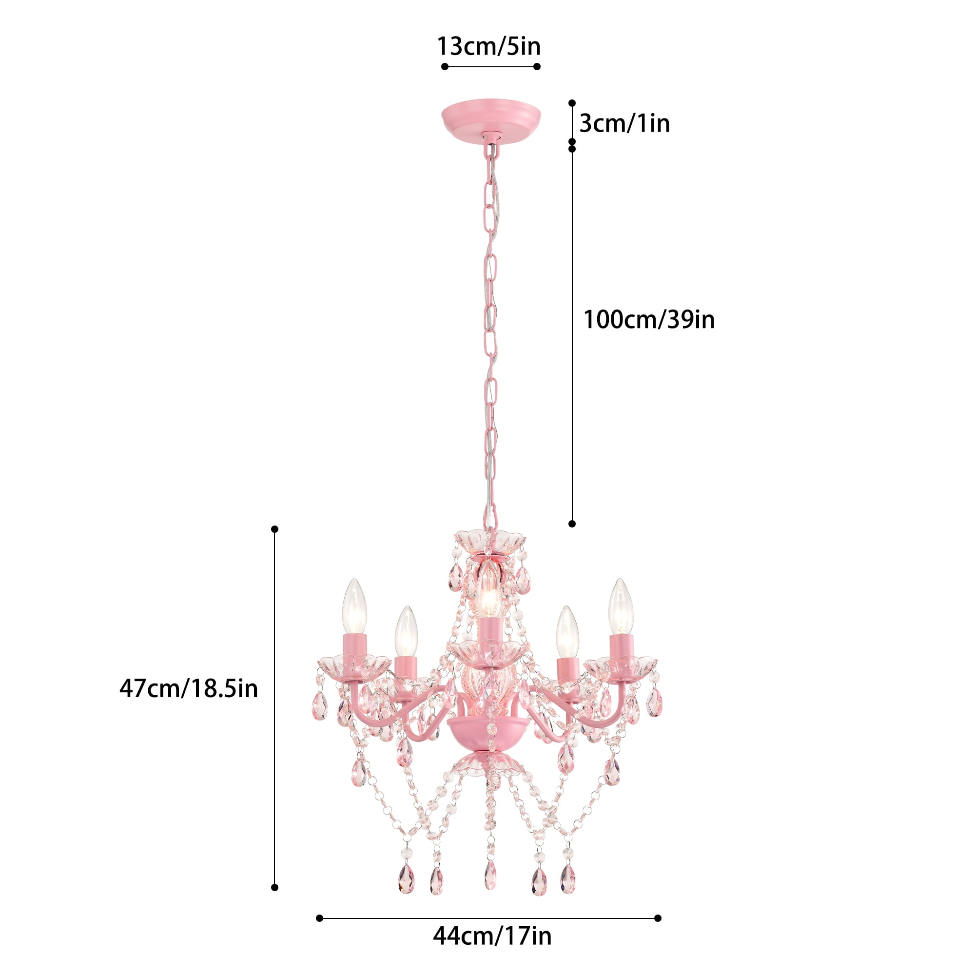Pink Crystal Chandelier – 5 Light Acrylic Ceiling Fixture for Girls Bedroom, Nursery or Dining Room, 17in Wide