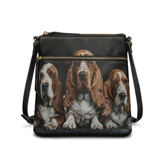 LedBack Basset Hound Print Leather Crossbody Purse for Women Ladies, Zipper Cross Body Bag Hobo Bag Messenger Purse Multi Pockets Satchel Purse with Adjustable Strap, Black