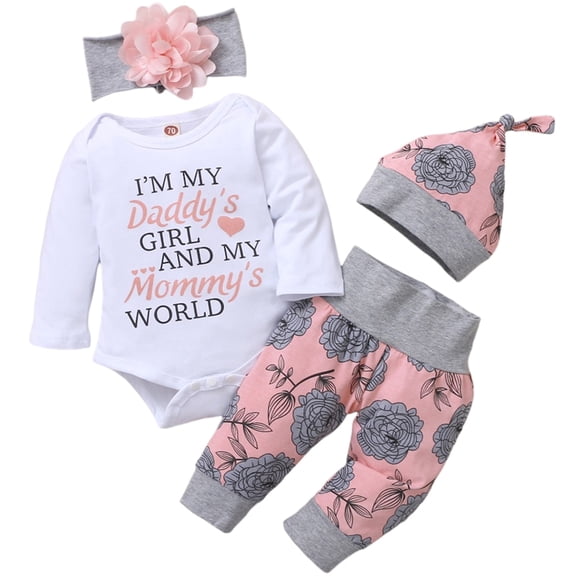 LAPAKIDS Baby Girl Clothes 0-3 Months Infant Baby Girls Outfits Letter Print Romper Tops Floral Pants Headband Hat 4Pcs Set