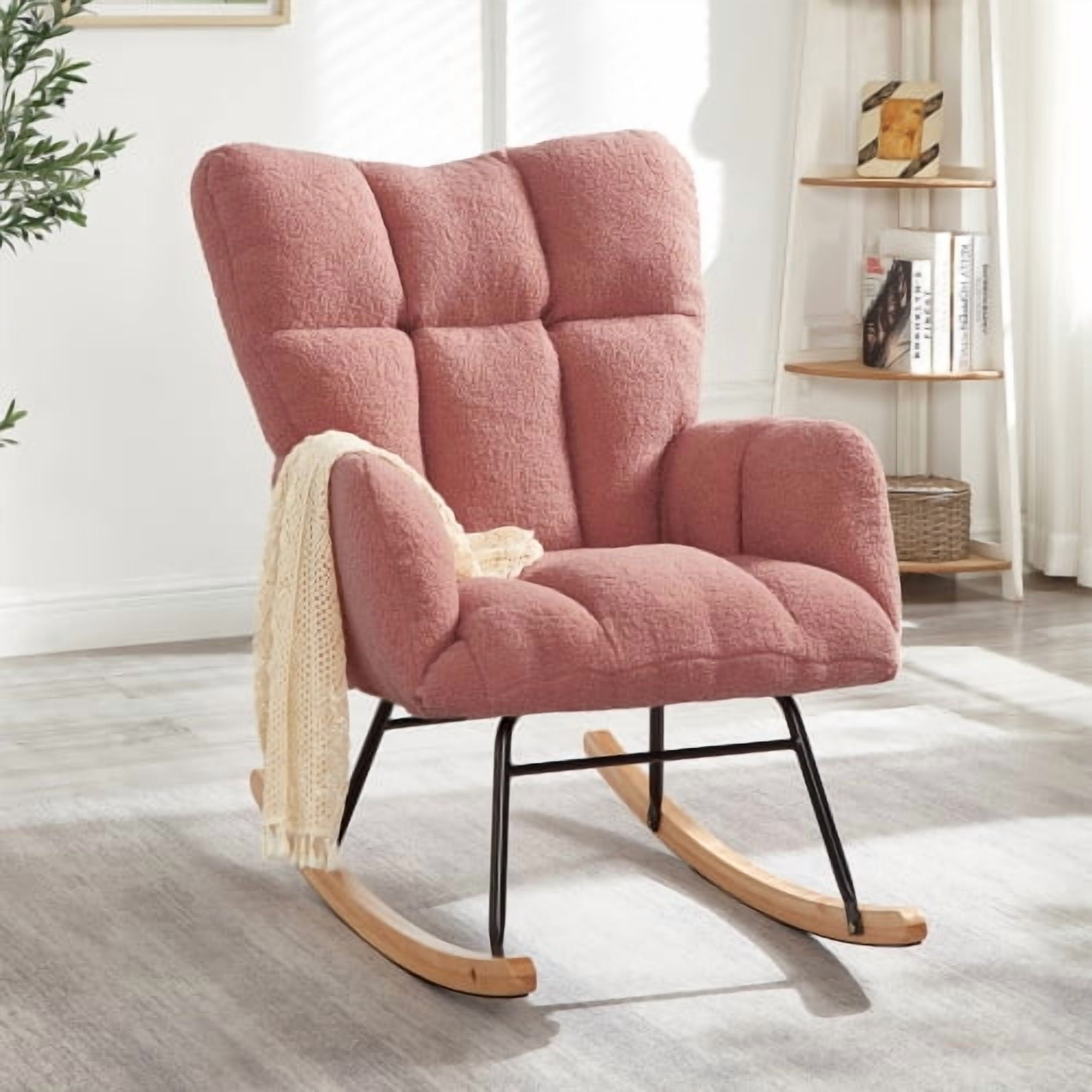 Glider Chair for Living Room, Tufted Upholstered Teddy Fabric Rocking Chair with Ergonomic High Back and Metal Frame, Accent Chair for Nursery and Bedroom, Pink