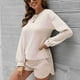 thumbnail image 3 of Conjunto de pijama para mujer, de punto, de manga larga, con top y pantalones cortos, suelto, informal, para la vida diaria, color albaricoque XL, 3 of 6