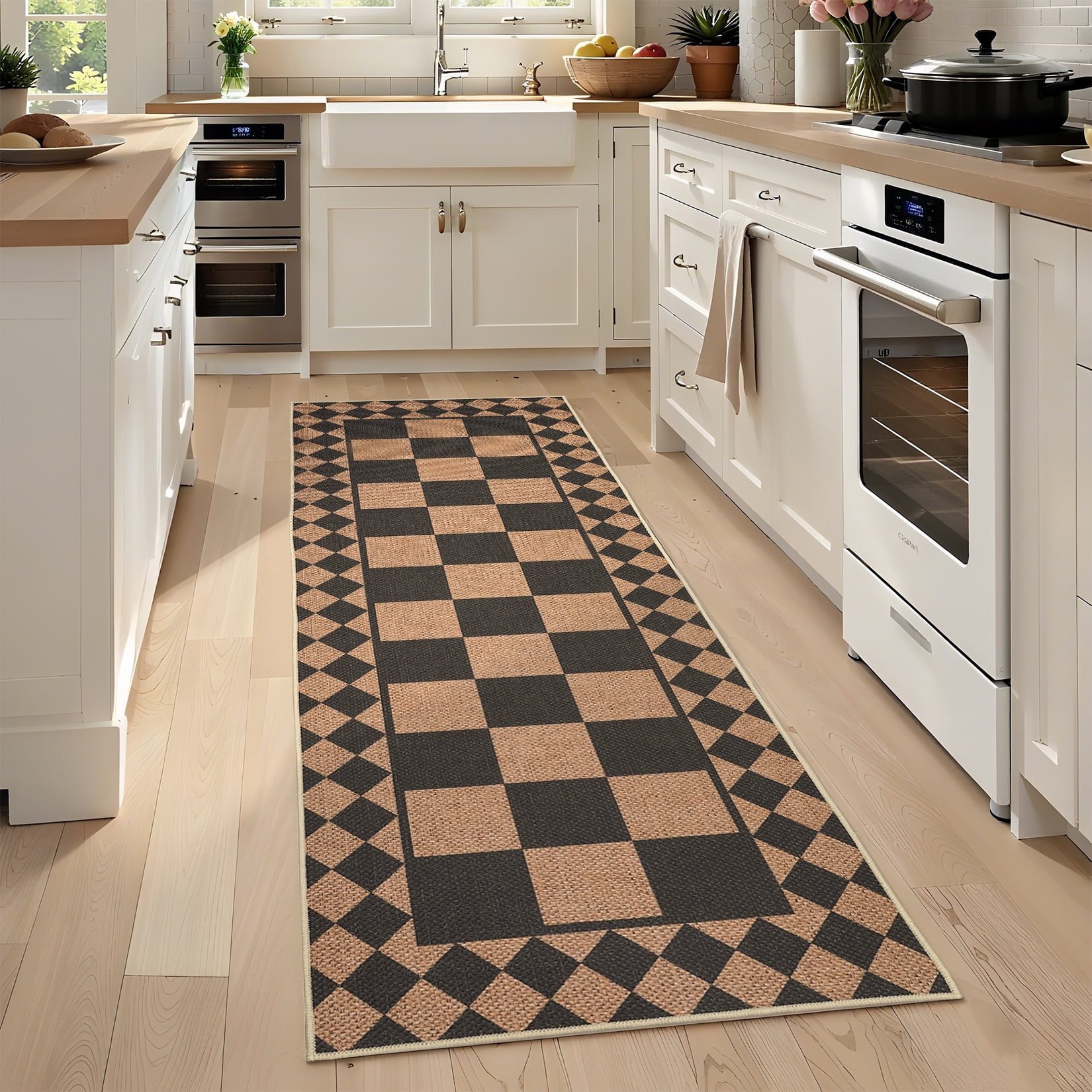 Modern Runner Rug for Hallway 2x6 Checkered Easy Jute Rug with Non-Slip Backing, Stain-Resistant Kitchen Runner, Washable Geometric Indoor Outdoor Rug for Laundry Entryway, Black Brown