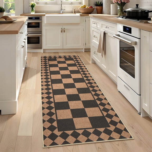GlowSol Modern Runner Rug for Hallway 2x6 Checkered Easy Jute Rug with Non-Slip Backing, Stain-Resistant Kitchen Runner, Washable Geometric Rug for Laundry Entryway, Black Brown