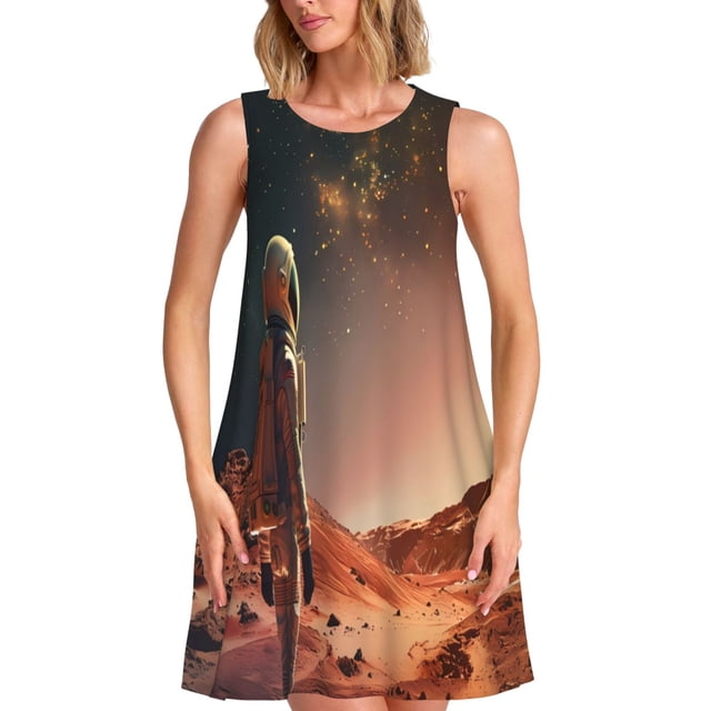Balery Astronaut On Mars A Vestidos de verano para mujer con estampado: vestido holgado sin mangas, vestido playero informal y cómodo para días calurosos.