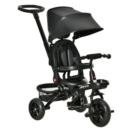 Qaba Kids Tricycle 4 in 1 Trike - Reversible Seat, Adjustable Handle, Canopy - for 1-5 Year Olds - Black Black   Plastic