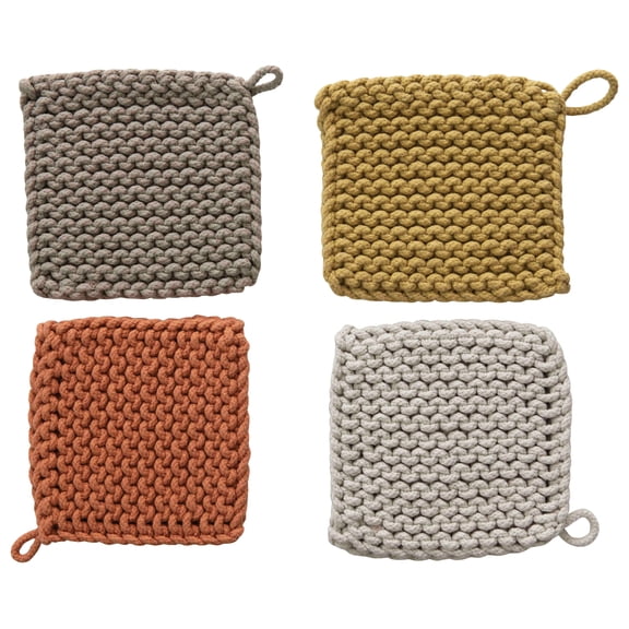 Creative Co-Op Square Cotton Crocheted Potholders/Hot Pads (Set of 4 Colors)