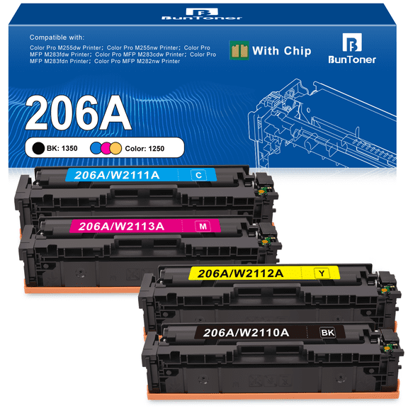 206A Toner Cartridges (With Chip) Compatible for HP 206A Toner Cartridges for 206A W2110A Toner Cartridge for HP Color Laserjet Pro MFP M283fdw (4 Pack)