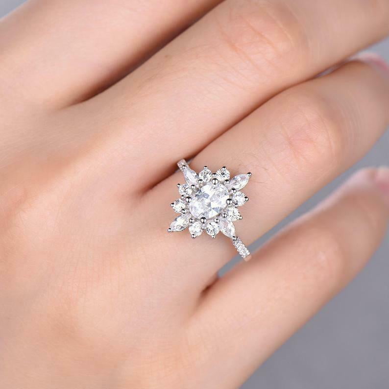 HeartsAndYou 2.4ct Engagement Ring for Women Oval Cut Moissanite Sunburst Ballerina 18k White Gold over Silver