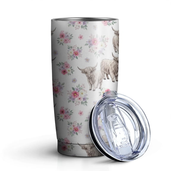 20oz Tumblers White Highland Cow Flower Pattern Stainless Steel Vacuum Insulated Double Wall Travel Tumbler Cups Mug with Lid and Straw,Cleaning Brush for Cold & Hot Drinks