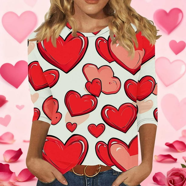 RKSTN Valentines 3/4 Sleeve Tops for Women Oversized Crewneck Valentine's Day Graphic Printed Short Sleeve T Shirt Womens Casual Round Neck Loose Comfy Loves Heart Print Three Quarter Sleeve Shirts