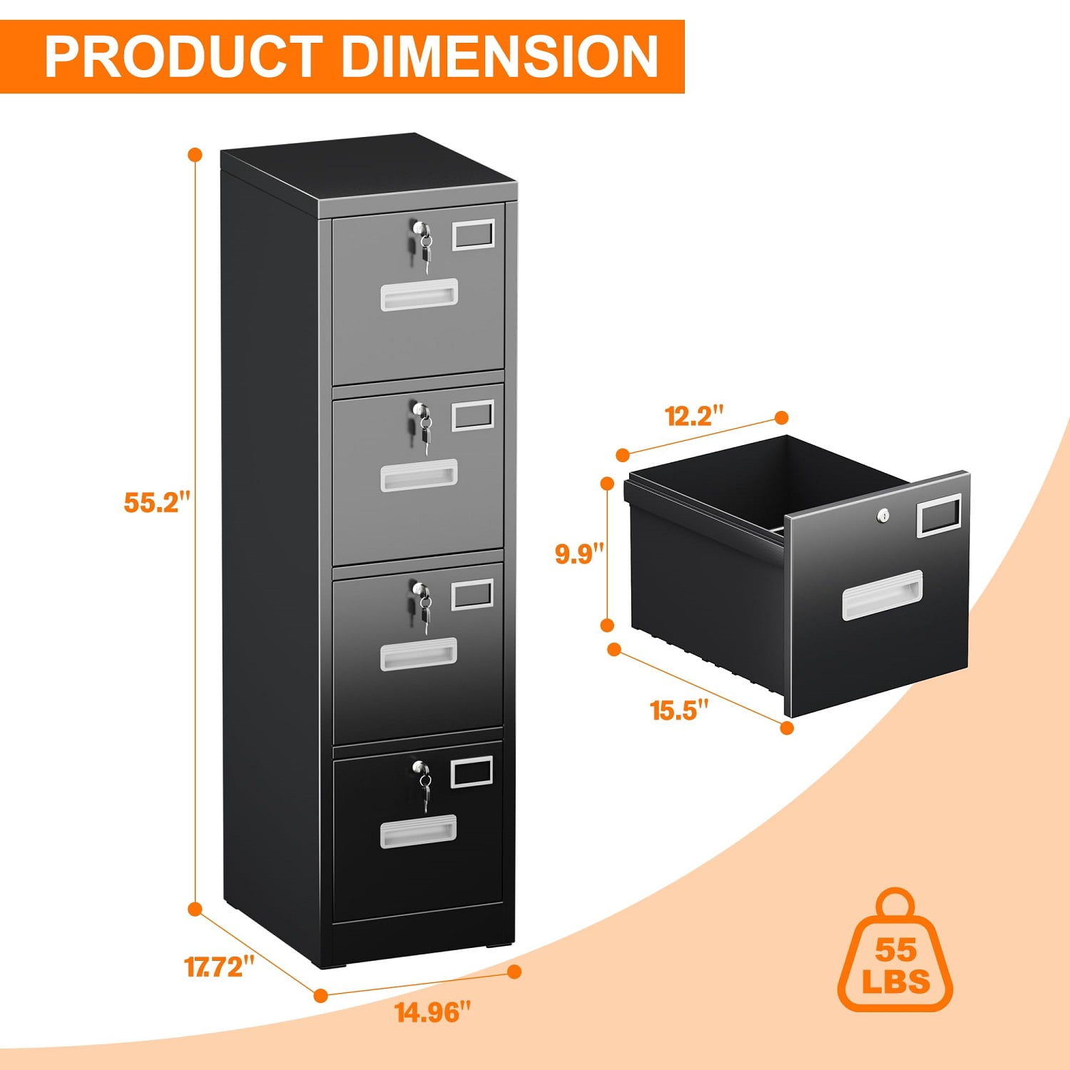 OCHAPA Metal Vertical File Cabinet with Lock,File Storage Cabinet with 4 Drawer for Letter,Legal,14.96" W x 17.72" D x 55.2" H, Assembly Required
