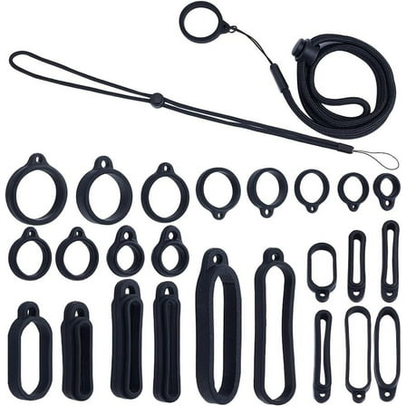 1Pc Adjustable Polyester Neck Lanyard with 22Pcs 11 Style Silicone Ring Pendant for Pen Phone Badge Holder Black