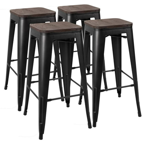 Homall 30" Indoor Outdoor Stackable Industrial Square Wood Top Modern Metal Bar Stool, Set of 4, Black