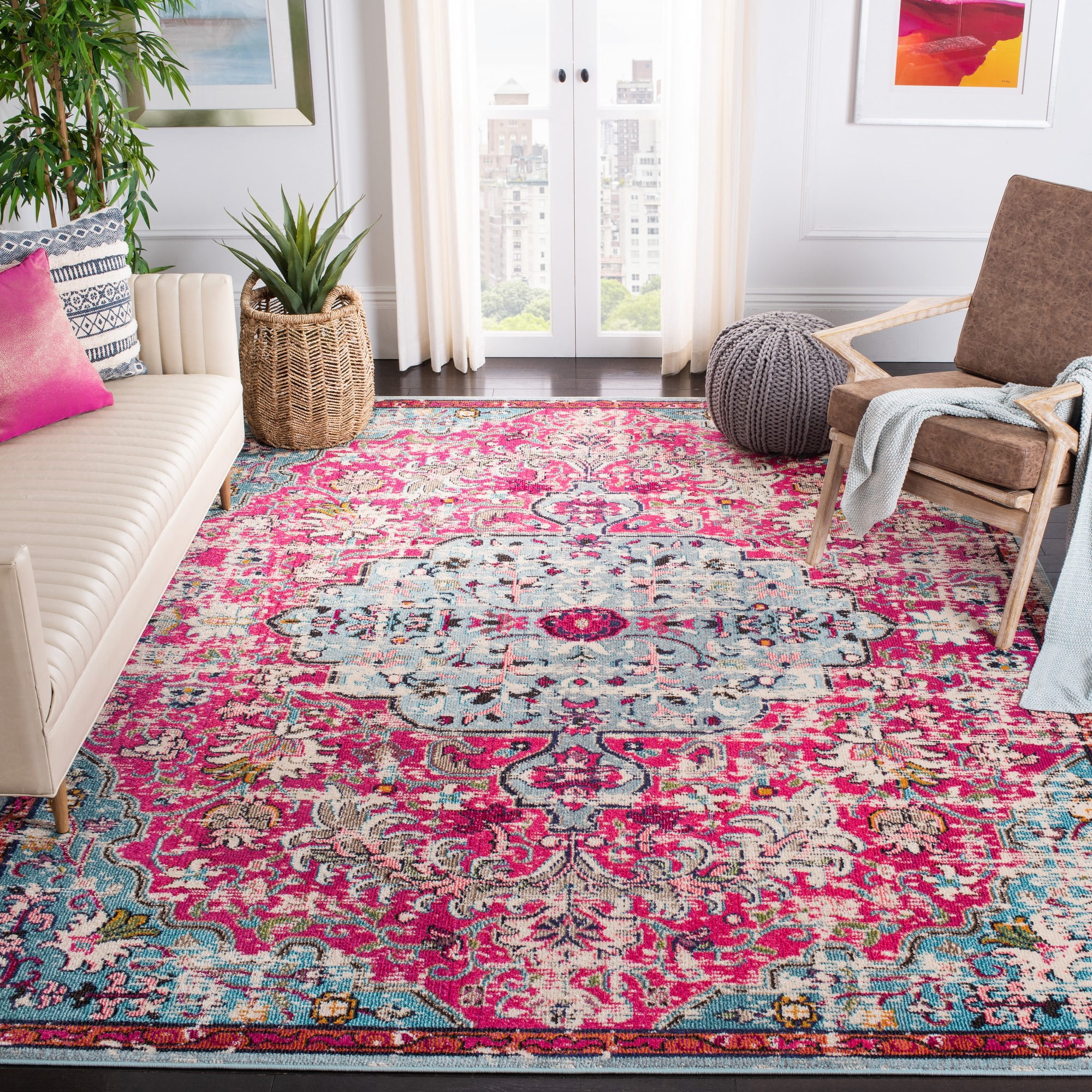 SAFAVIEH Madison Joandra Vintage Floral Area Rug, Fuchsia/Teal, 9' x 12'