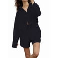 thumbnail image 3 of Women'S Cotton Cardigan Long Sleeve Top and Shorts Set Minimalist Solid Color Loungewear Outfit Black S, 3 of 9