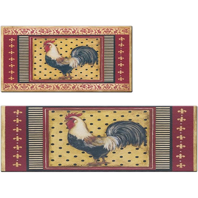 Christmas Gift Rooster Kitchen Rugs Farmhouse Style Kitchen Mats for Floor Anti Fatigue Memory Foam Kitchen Mat Cushioned PVC Leather Kitchen Rug Set, Red 17.3x28+17.3x47 inch