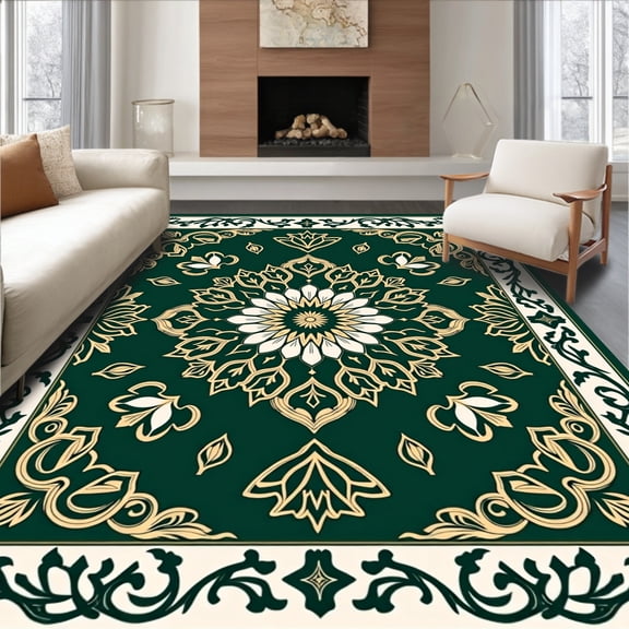 ODIKA 4'x6' Machine Washable Non-Slip Area Rug, Aristocratic Bloom Heirloom High Traffic Rug, Green, 455512