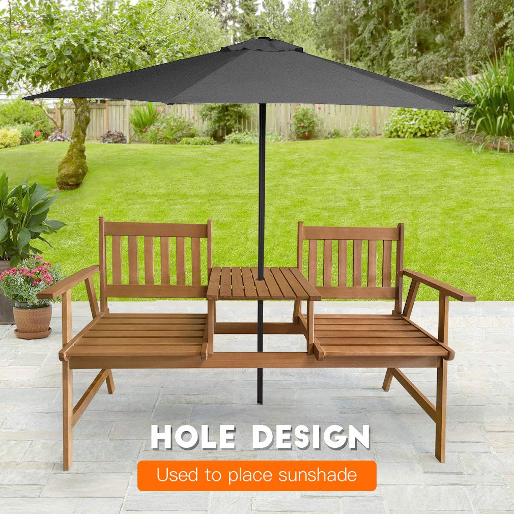 Dkeli Outdoor Bench Loveseat with Table Patio Bench Table Tete a Tete Bench Solid Eucalyptus Wood Garden Bench Chair with Umbrella Hole - image 4 of 7