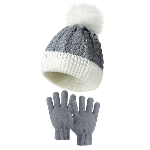 Winter Hat and Gloves for Women Daily Routine Hairball Knitted Hat Gloves Two Piece Set Beanie Hat