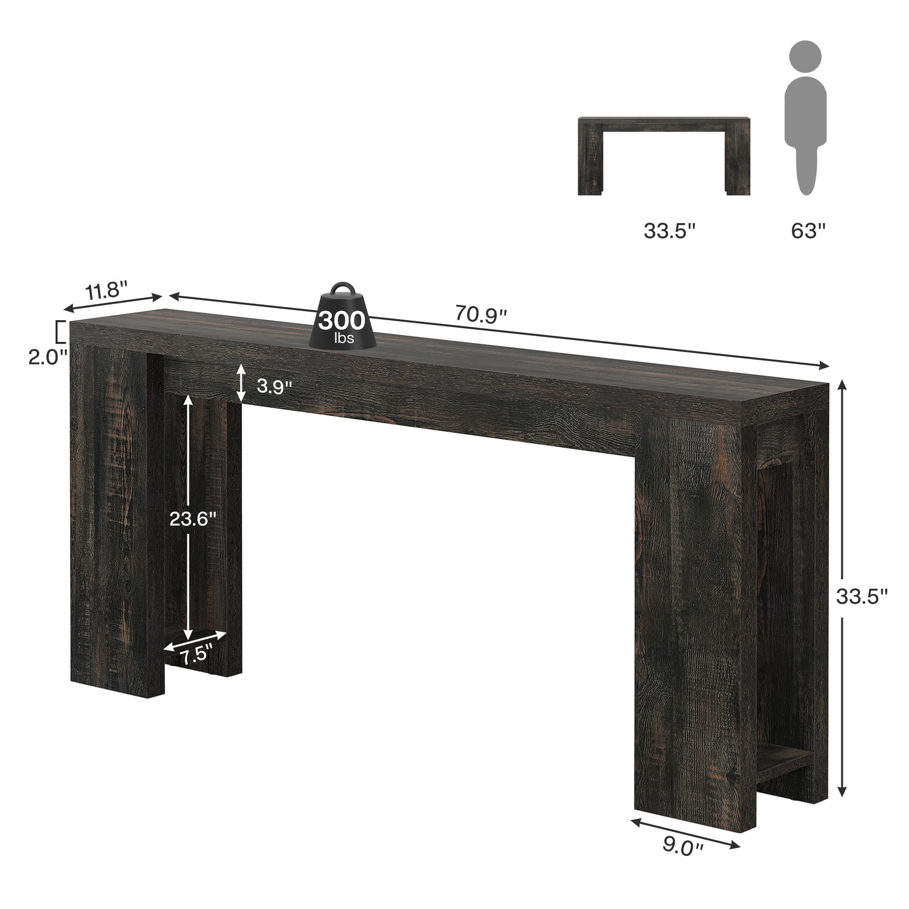 Finmind 71" Long Console Table, Narrow Black Entryway Table Wood Sofa Table
