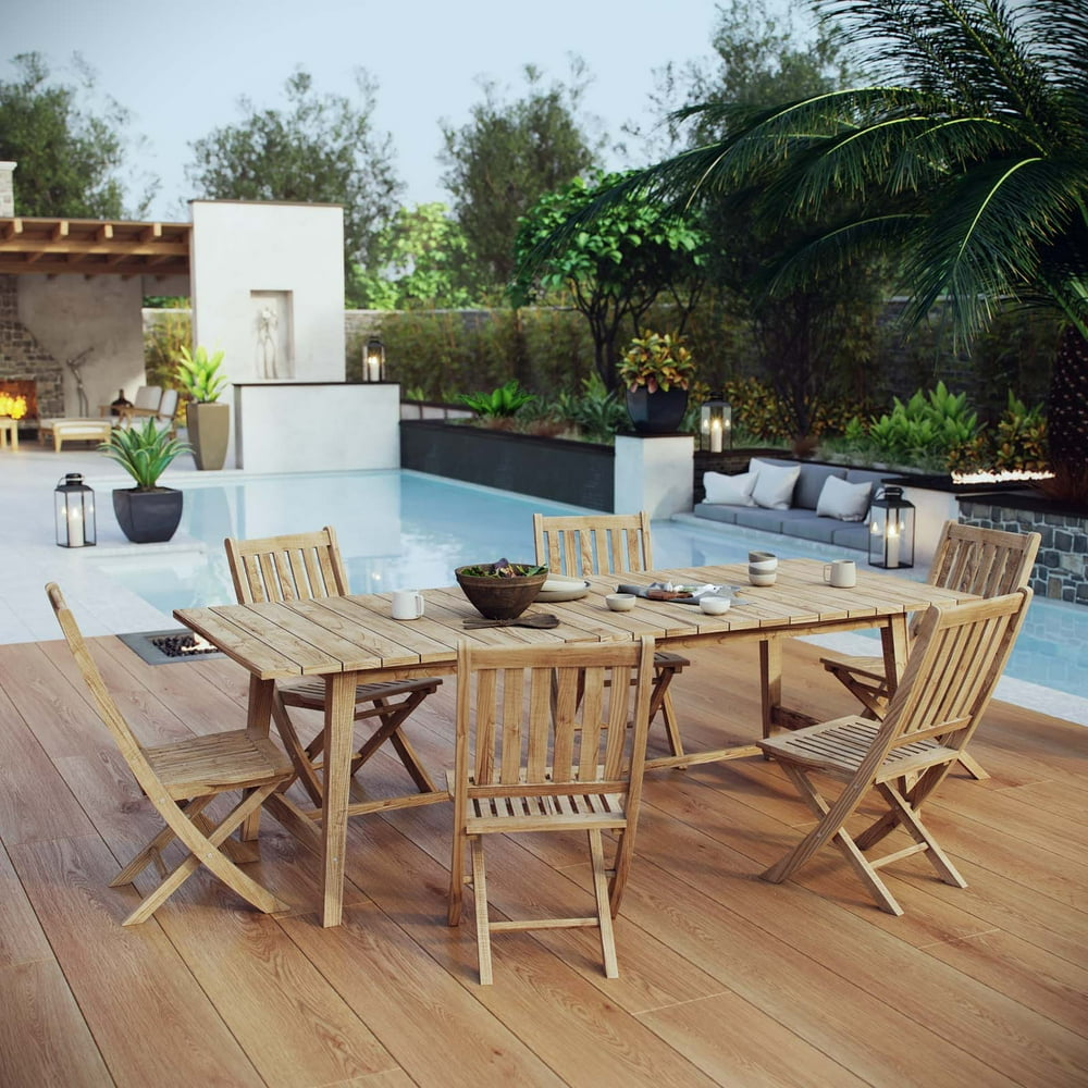 Modway Marina 7 Piece Outdoor Patio Teak Outdoor Dining Set in Natural