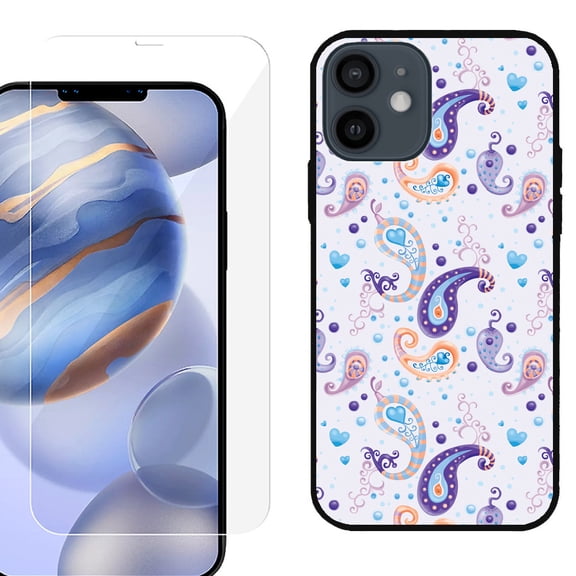 Slim-Fit Protective Phone Case (Black) compatible with iPhone 12 / iPhone 12 Pro, with Tempered Glass Screen Protector, by OneToughShield ® - Paisley Purple