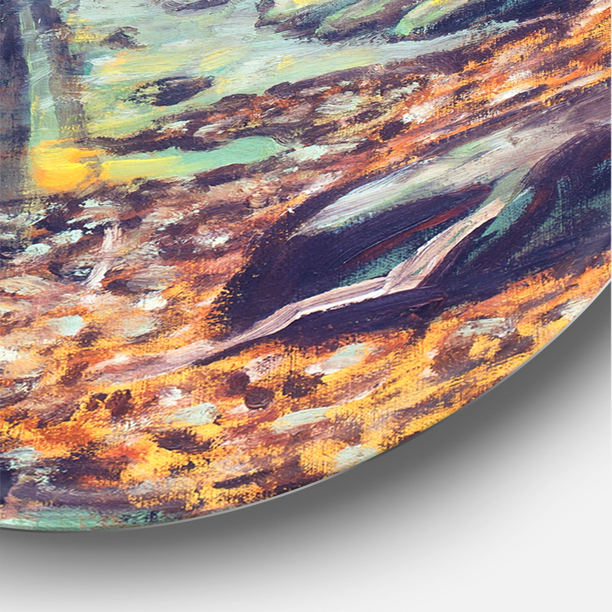 Designart 'Landscape With Autumn Forest Sunset River' Traditional Circle Metal Wall Art 29x29 - Disc of 29