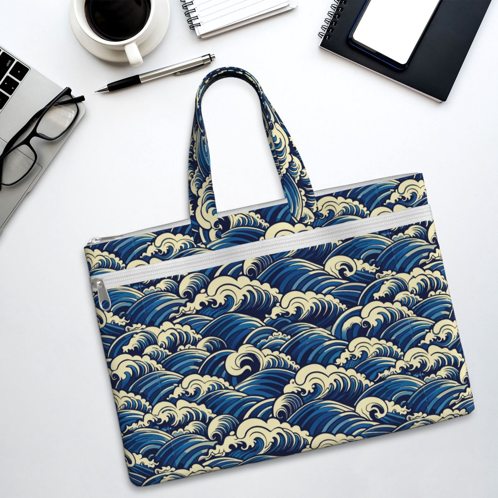 Kdxio Japanese Water Wave File Tote Document Bag Business Briefcase Bag Document Organizer Tote Briefcase for Letter A4 Files Business Teacher Office Bag