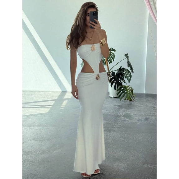 White Backless Cutout Maxi Slip Dress With Gold-Tone Embellishments